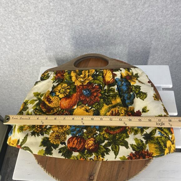 🤎 Vintage Brown Fabric Clutch Bag Wooden Handles Medium Fall 🤎 - Picture 6 of 7